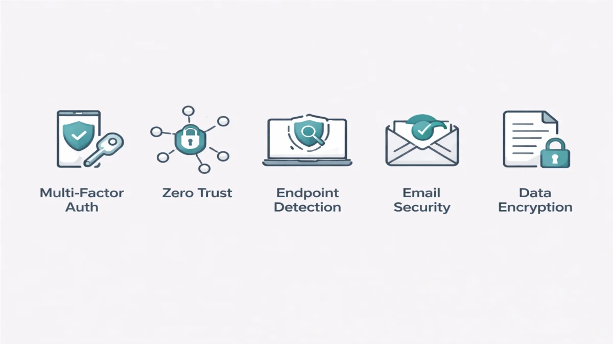 A five-icon infographic detailing core technical defense protocols for cybersecurity for law firms, including multi-factor auth, zero trust, endpoint detection, email security, and data encryption.