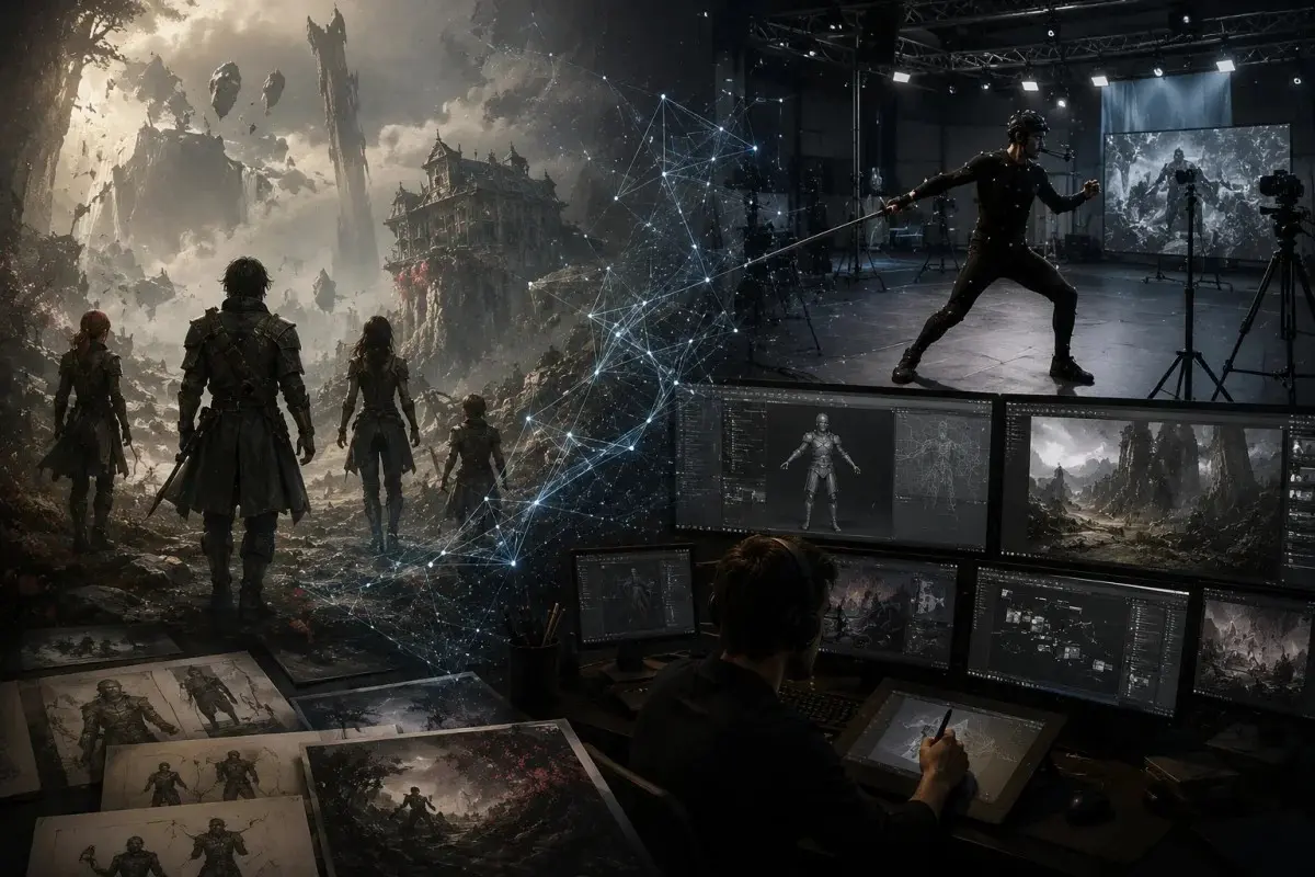 Expedition 33 AI illustration showing fantasy world creation, motion capture studio, digital artists, concept art, and AI-assisted game development without AI-generated artwork.