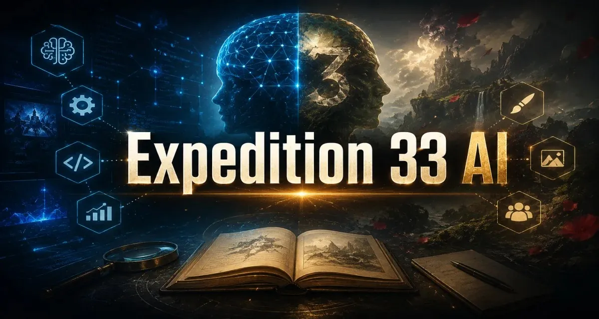 Expedition 33 AI featured image showing artificial intelligence, fantasy game development, concept art, creative workflow, and the relationship between AI technology and Clair Obscur Expedition 33.