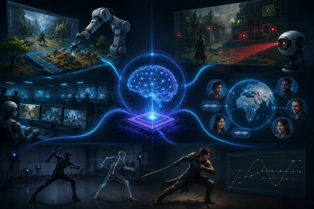 Expedition 33 AI infographic style illustration showing responsible AI integration for reducing repetitive tasks, improving bug detection, speeding quality assurance, supporting localization workflows, assisting animation refinement, and enhancing modern game development.
