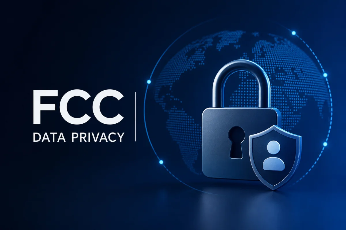 A dark blue graphic featuring the text FCC DATA PRIVACY next to a large blue padlock, a user icon shield, and a glowing digital globe.
