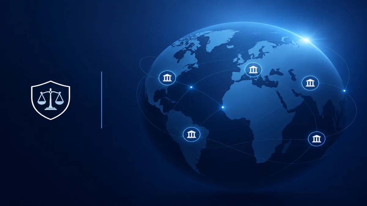 A dark blue digital graphic focused on global AI compliance, featuring a shield with legal scales alongside a world globe dotted with interconnected government building icons.