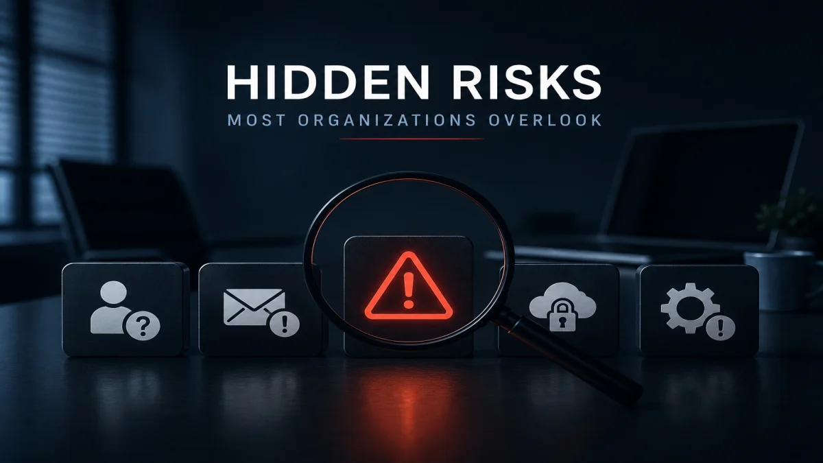 A dark corporate office graphic titled Hidden Risks Most Organizations Overlook, showing a magnifying glass highlighting a glowing red warning sign to illustrate AI compliance issues.
