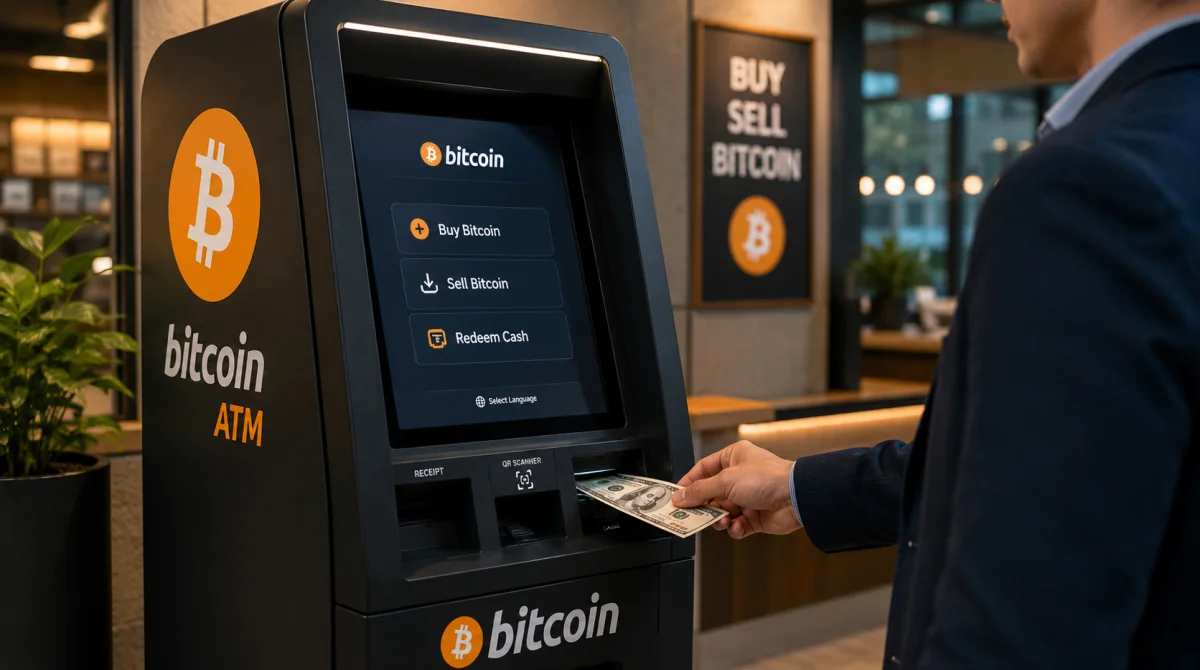 A close-up side view of a customer inserting a US dollar bill into a matte black bitcoin atm terminal with digital screen options to buy and sell crypto.