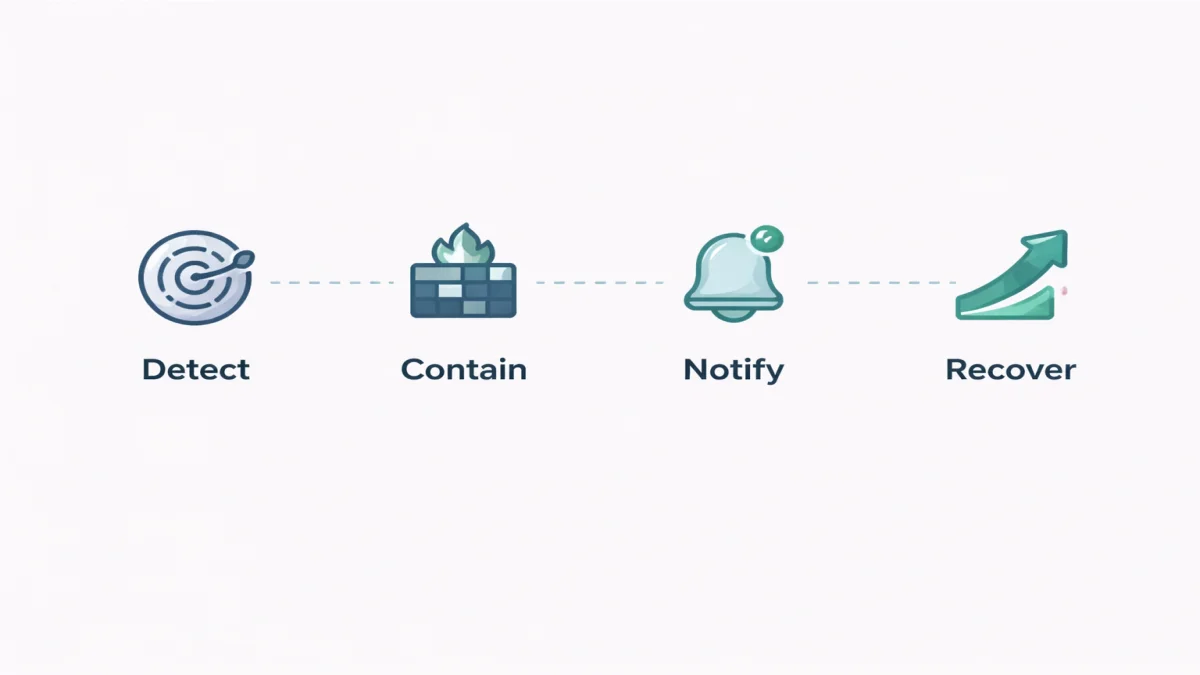 A four-step process infographic outlining incident response for cybersecurity for law firms, showing connected icons for Detect, Contain, Notify, and Recover.