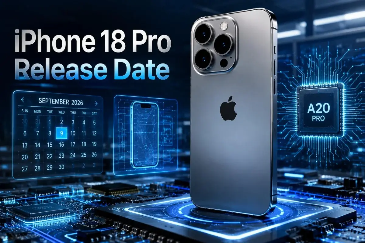 iPhone 18 Pro Release Date concept image showing a premium iPhone, September 2026 launch calendar, advanced A20 Pro chip, and futuristic technology background with digital interfaces.