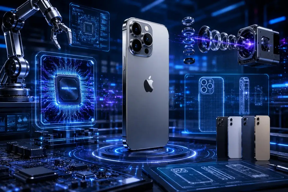 iPhone 18 Pro Release Date concept image showing a premium iPhone with advanced camera technology, AI processor, robotic engineering, digital blueprints, and futuristic smartphone innovation graphics.
