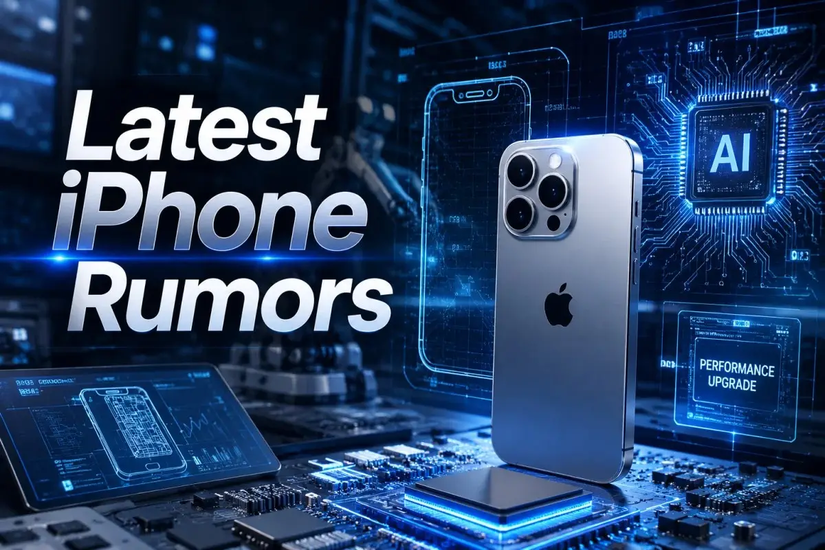 Latest iPhone Rumors concept image showing a futuristic iPhone with AI-powered chip technology, performance upgrade indicators, digital interfaces, microchips, and advanced engineering workspace elements in a high-tech environment.