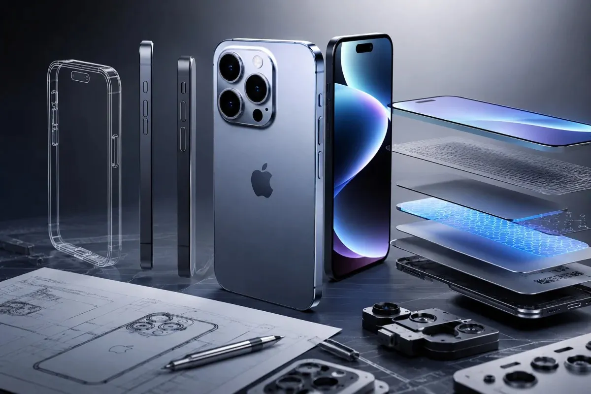 Latest iPhone Rumors illustration featuring a detailed exploded-view iPhone design with internal layers, camera components, engineering blueprints, hardware architecture, and next-generation smartphone technology concepts.