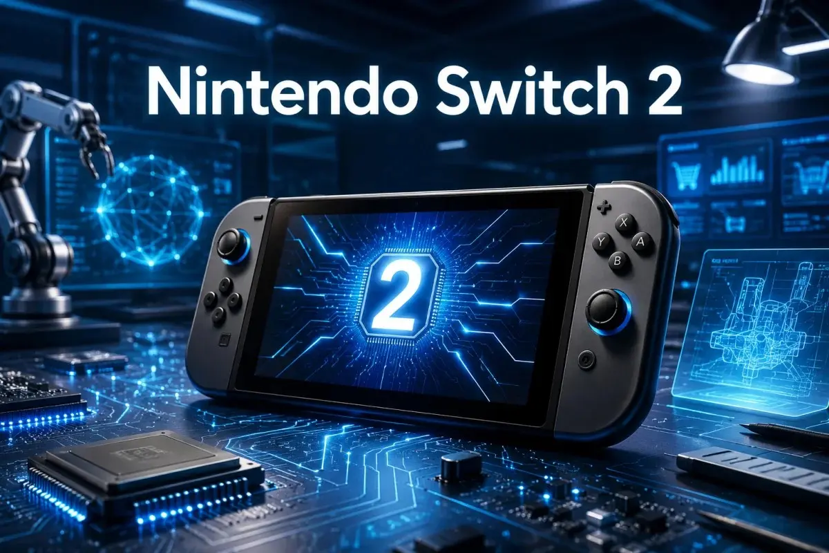Nintendo Switch 2 concept illustration featuring a handheld gaming console with upgraded controls, advanced processor technology, glowing digital circuits, and a futuristic gaming development environment.