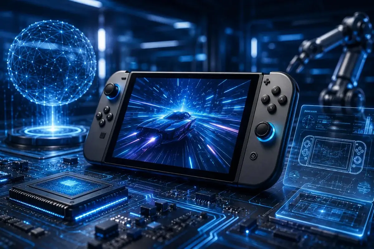 Nintendo Switch 2 performance and features concept showing advanced electronic circuits, microchips, holographic interfaces, and a futuristic digital engineering workspace with neon blue lighting.