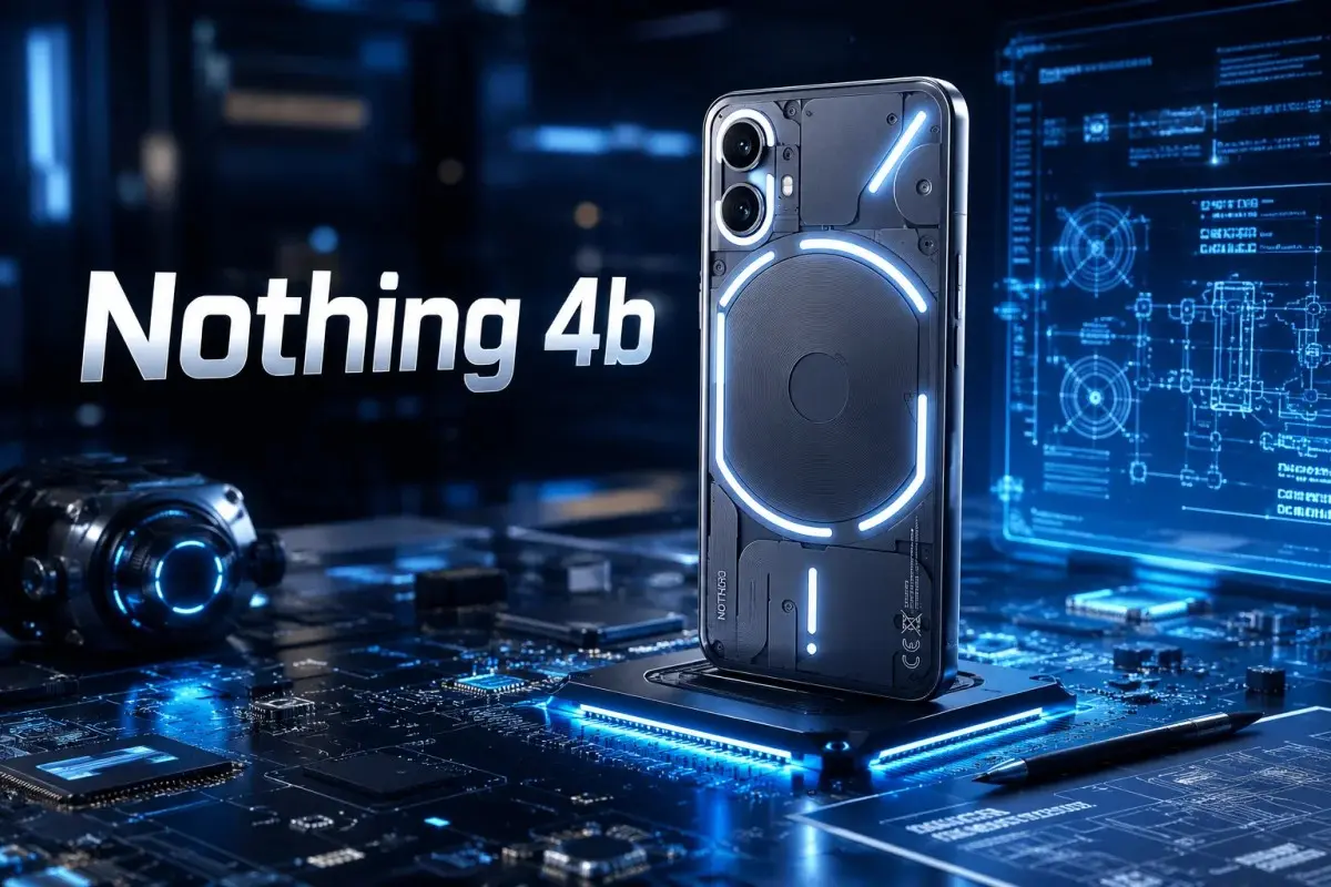 Nothing 4b smartphone featuring a transparent-inspired design with glowing LED elements, positioned on a futuristic circuit board alongside engineering schematics, digital displays, and advanced technology components in a high-tech innovation environment.