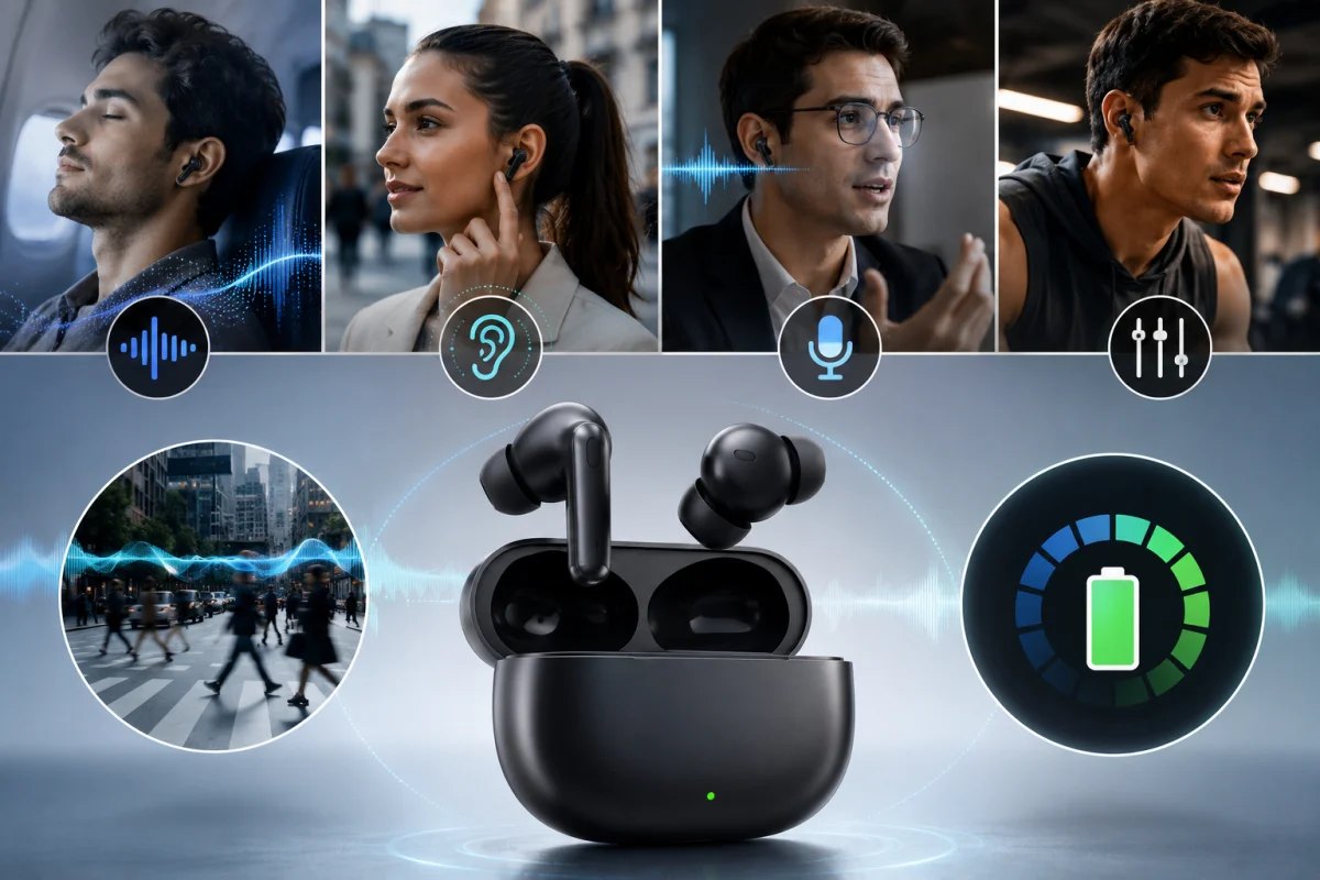 OnePlus Nord Buds 4 earbuds demonstrating active noise cancellation, transparency mode, AI call noise reduction, adaptive sound adjustment, and all-day battery life in everyday environments.