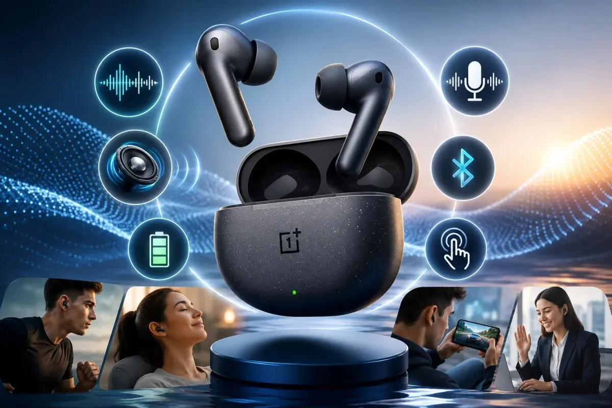 OnePlus Nord Buds 4 wireless earbuds with charging case highlighting ANC, premium sound, long battery life, Bluetooth connectivity, and smart features.