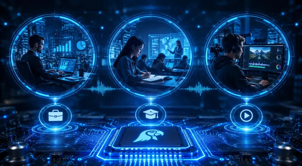 Parrot AI futuristic banner showcasing business professionals, students and educators, and content creators connected through digital networks, AI technology, and advanced microchip systems.