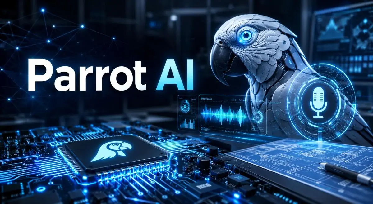Parrot AI futuristic technology banner showing a robotic parrot, AI voice interface, glowing microchips, digital networks, and advanced engineering workspace elements.