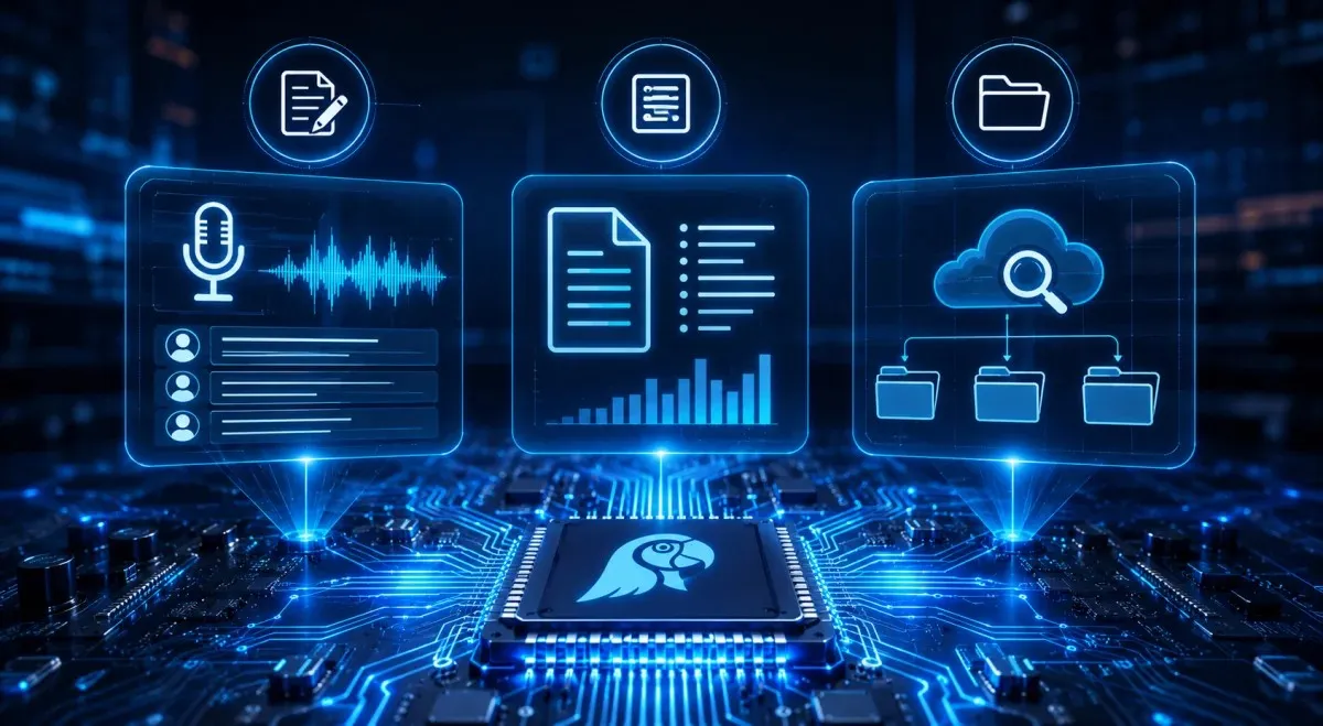 Parrot AI feature banner displaying intelligent transcription, smart summaries, searchable knowledge archives, glowing circuits, microchips, and futuristic holographic dashboards.
