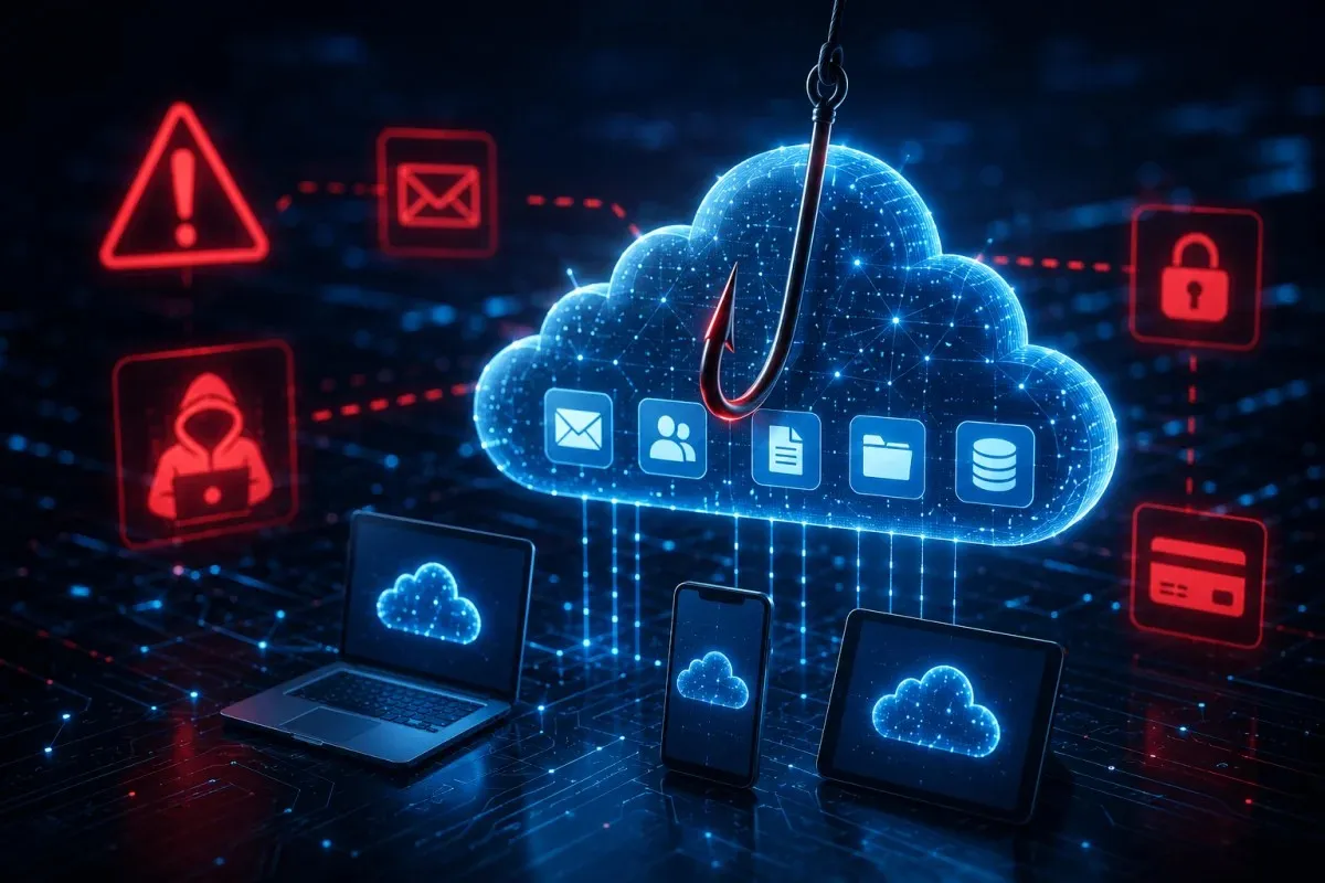 Phishing Attacks targeting cloud services shown through a futuristic cloud computing network, connected devices, cybersecurity alerts, and a phishing hook attempting to steal sensitive business data and user credentials.