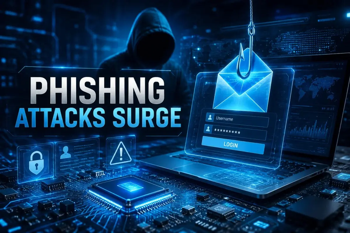 Phishing Attacks concept featuring a futuristic cybersecurity workspace with glowing circuits, microchips, holographic interfaces, and a digital phishing threat visualization in a modern technology environment.