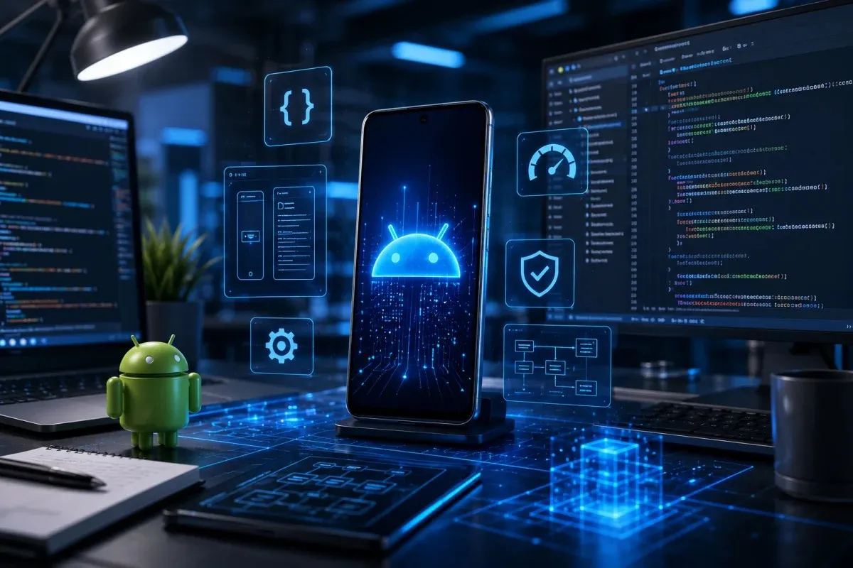 Pixel Android 17 developer tools concept featuring a smartphone, coding screens, holographic development interfaces, security icons, and futuristic software engineering workspace elements.