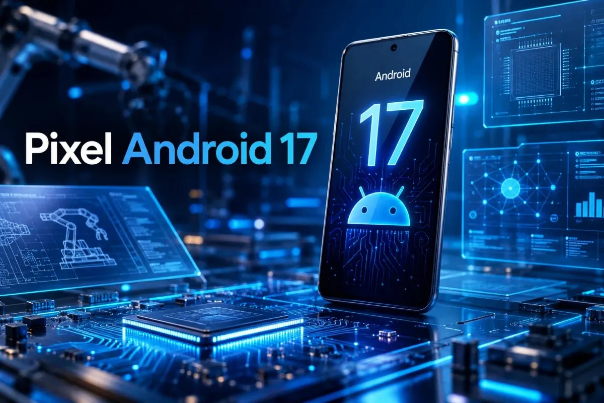 Pixel Android 17 featured banner showing a futuristic smartphone surrounded by glowing circuits, microchips, holographic interfaces, and digital engineering technology.