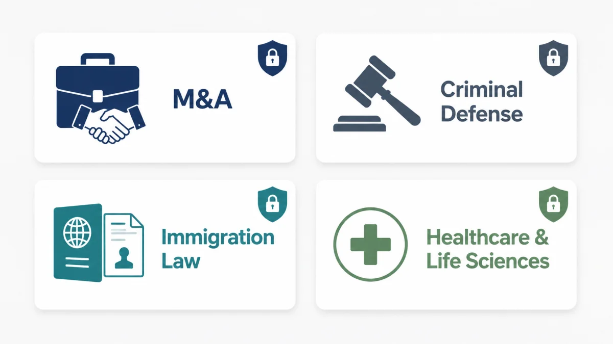 A four-panel infographic highlighting specialized domains for cybersecurity for law firms, showcasing secure badges for M&A, Criminal Defense, Immigration Law, and Healthcare.