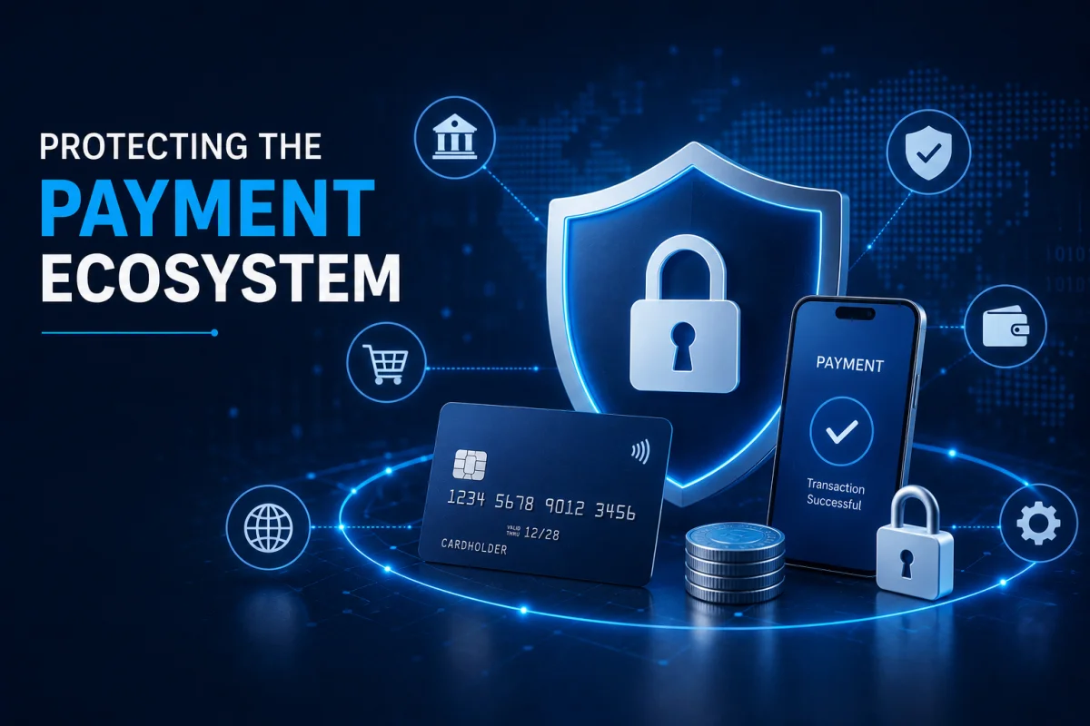 A digital graphic showcasing cybersecurity for ecommerce stores, featuring the text PROTECTING THE PAYMENT ECOSYSTEM alongside a credit card, a secure shield padlock, and a smartphone showing a successful payment.