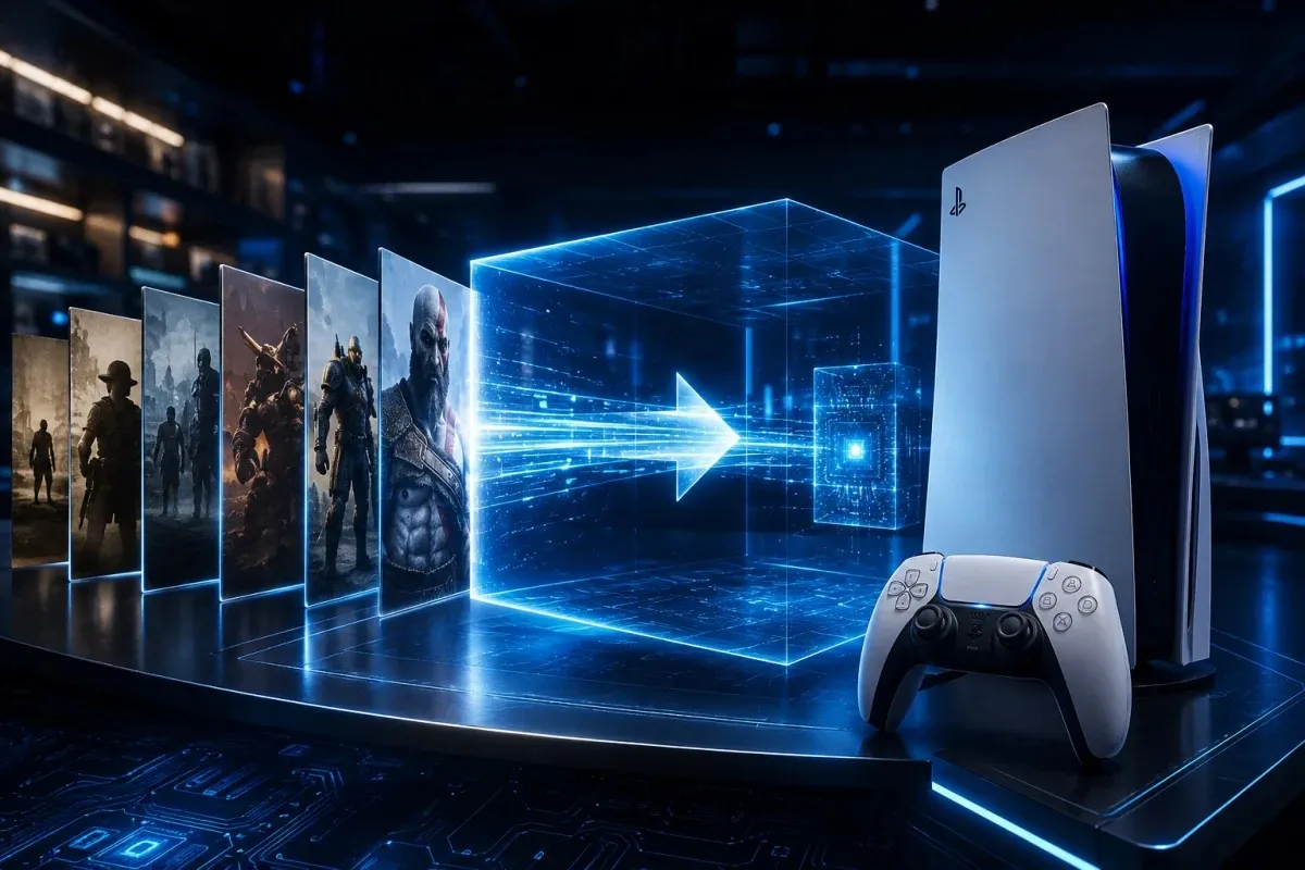 PS5 backward compatibility concept featuring holographic game libraries, digital data streams, advanced microchips, futuristic gaming hardware, and next-generation technology for preserving and enhancing classic games.