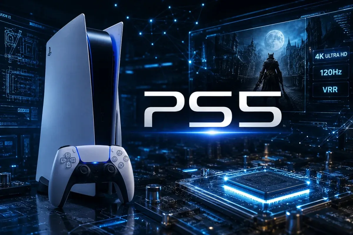 PS5 Bloodborne mod showcasing 4K Ultra HD, 120Hz performance, and VRR support with futuristic microchips, digital circuits, holographic interfaces, and advanced gaming technology visuals.