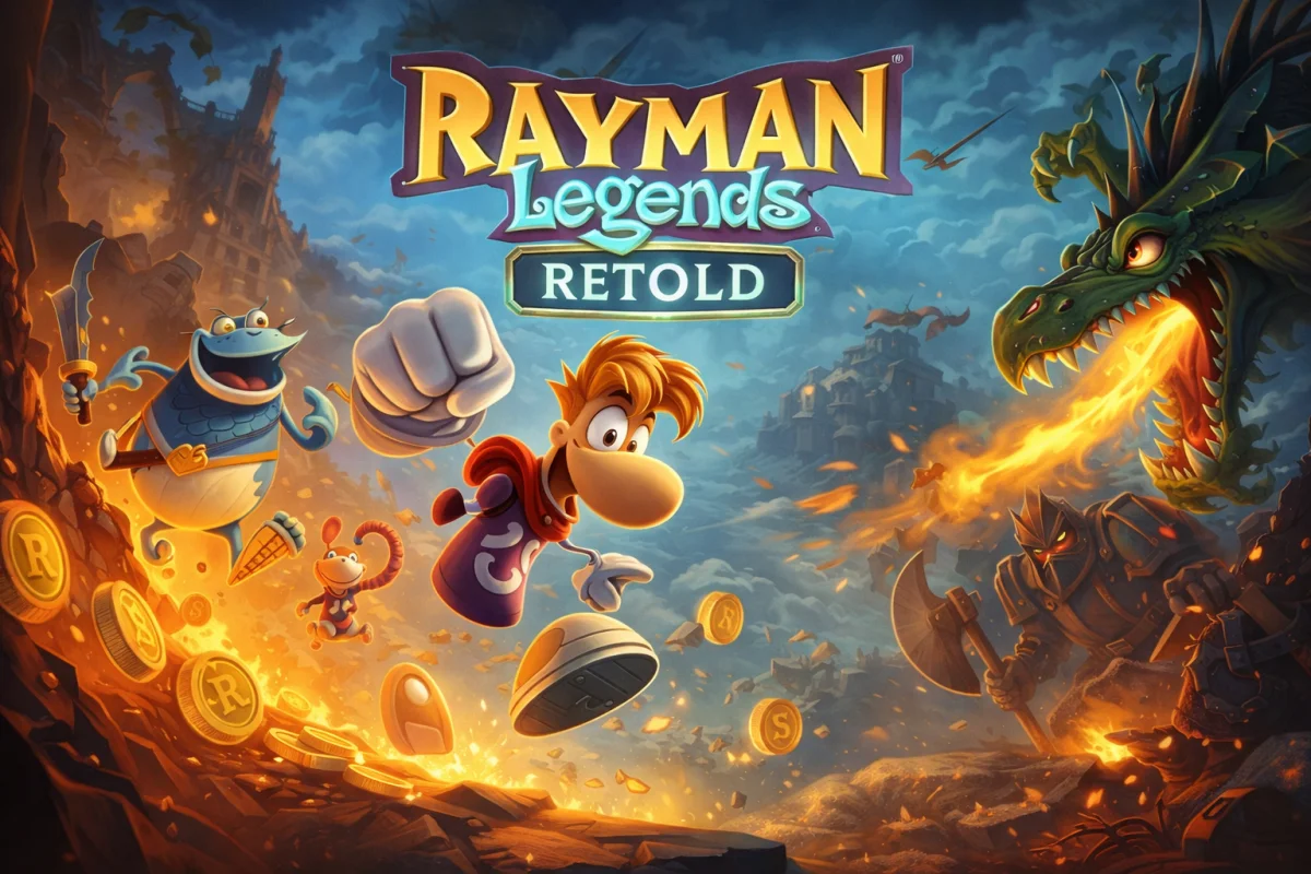 Promotional-style artwork for Rayman Legends Retold featuring Rayman wind-up punching alongside Globox while a green dragon breathes fire near an armored warrior.
