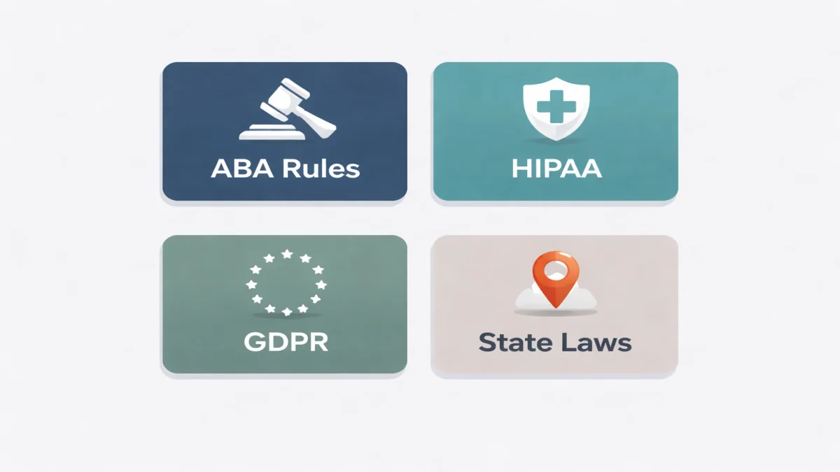 A four-panel graphic displaying key regulatory standards involved in cybersecurity for law firms, including ABA Rules, HIPAA, GDPR, and various State Laws.
