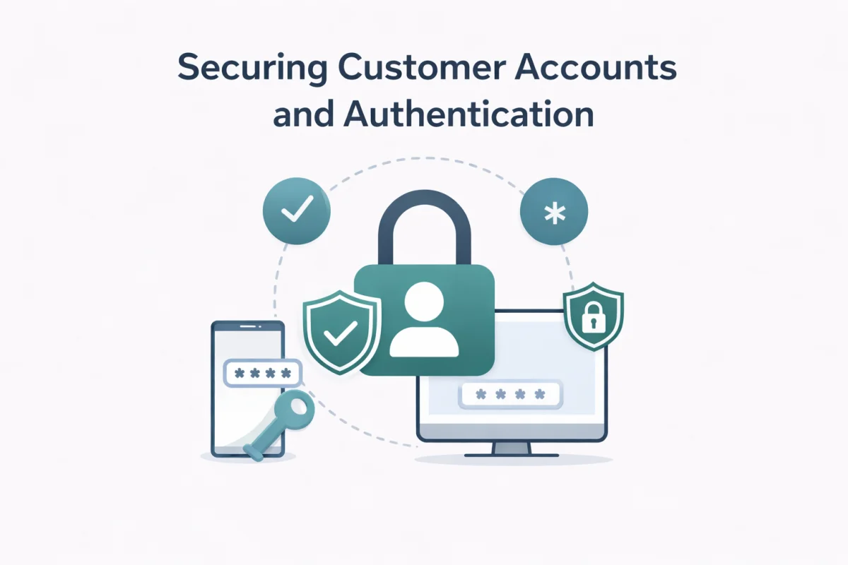 An vector infographic detailing authentication and cybersecurity for ecommerce stores, with text reading Securing Customer Accounts and Authentication over a laptop, smartphone, and shield lock icons.