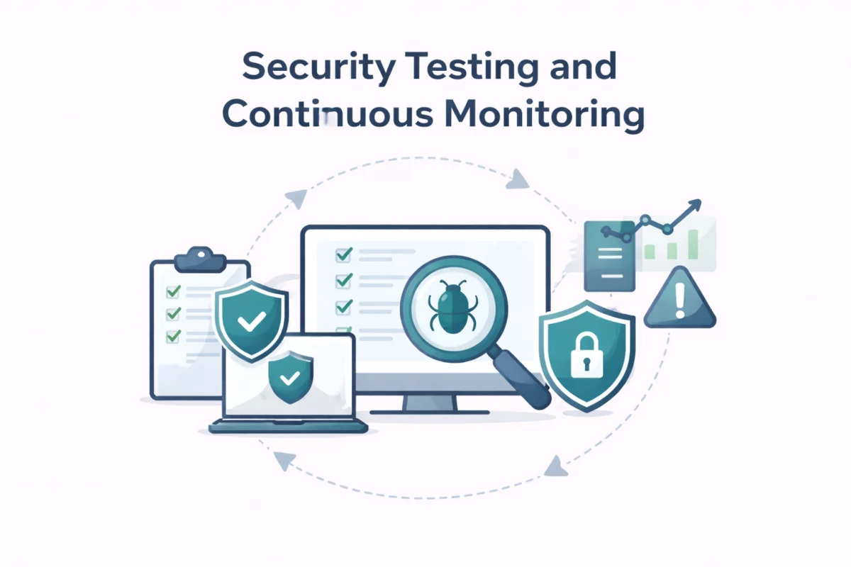 A cyclical vector infographic showcasing proactive cybersecurity for ecommerce stores, with text reading Security Testing and Continuous Monitoring above screens, a checklist, and a magnifying glass examining a bug.