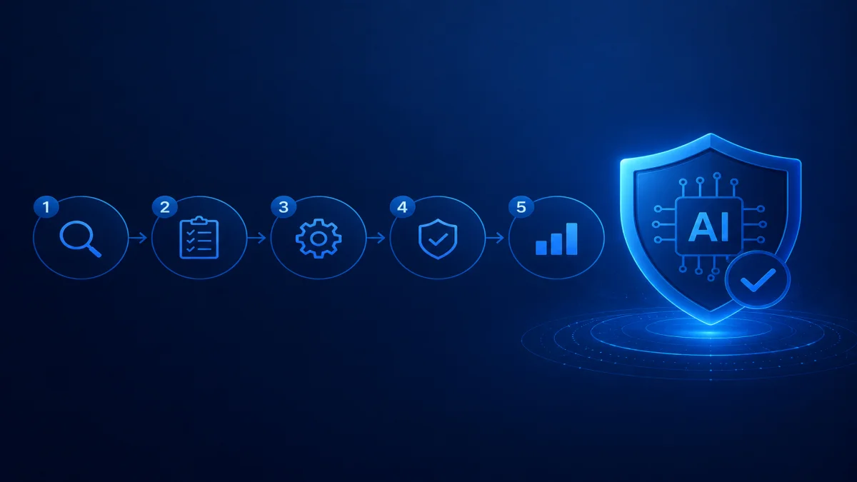 A dark blue step-by-step infographic detailing a 5-step process leading to a large protective shield containing an AI microchip icon to represent AI compliance.