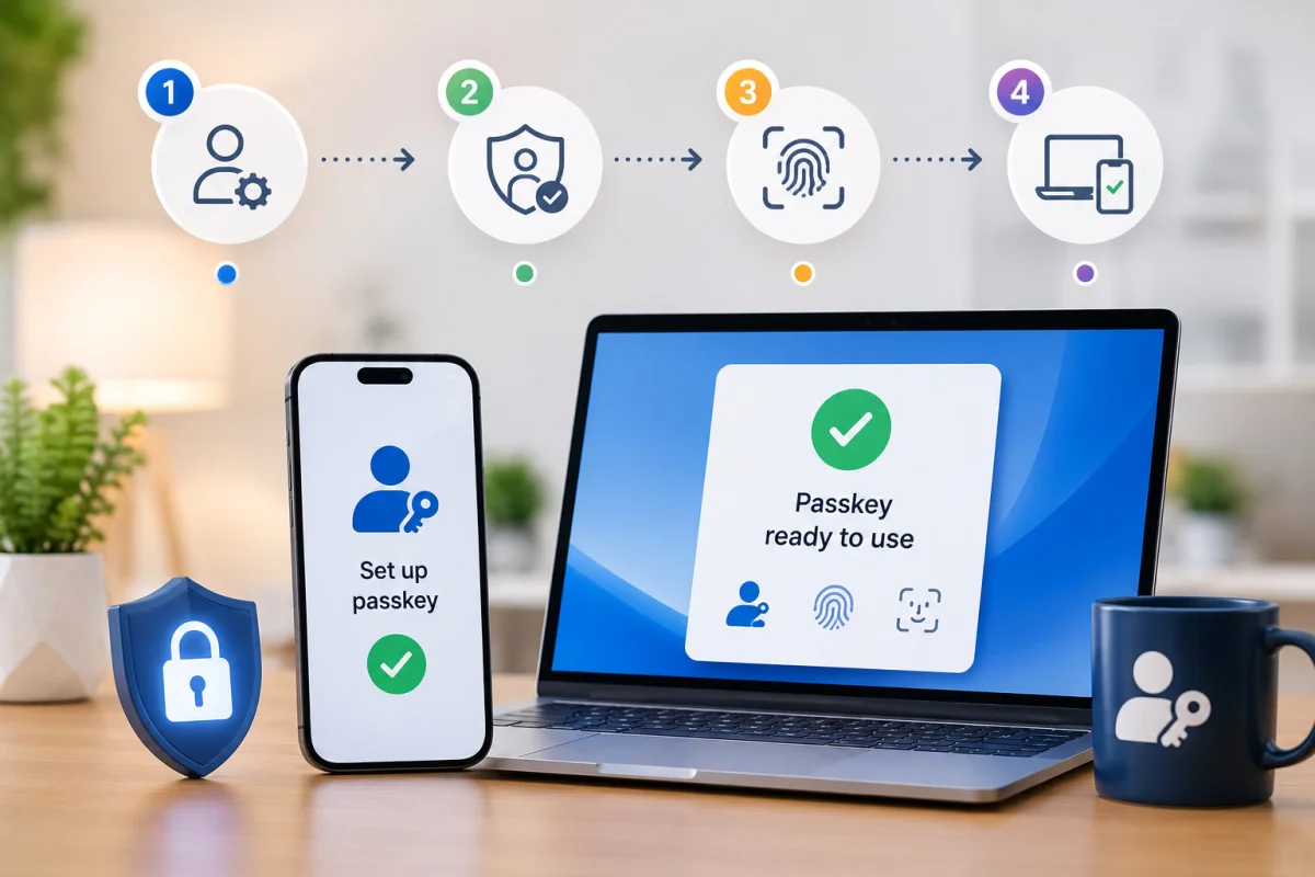 A step-by-step infographic detailing a 4-step setup for passkeys vs passwords, showing a smartphone and a laptop with a Passkey ready to use confirmation screen.
