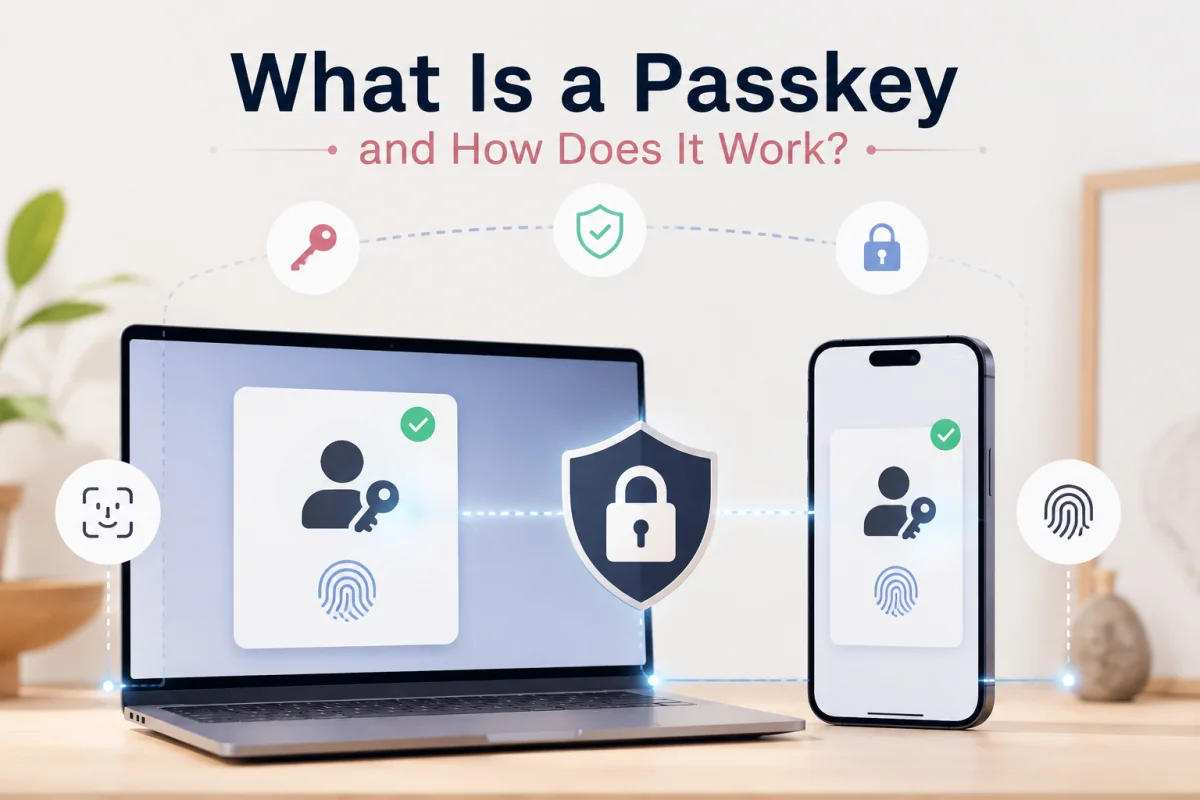 An educational infographic analyzing passkeys vs passwords, showing a laptop and smartphone with biometric login icons under the text What Is a Passkey and How Does It Work?