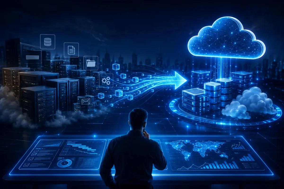 VMware migration concept showing enterprise servers transitioning to cloud infrastructure with data flows, digital dashboards, and modern cloud computing technology.