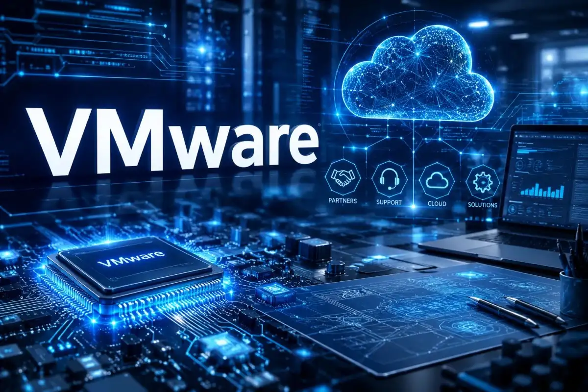 VMware featured banner showing advanced microchips, digital networks, cloud infrastructure, holographic interfaces, and futuristic engineering technology in neon blue tones.