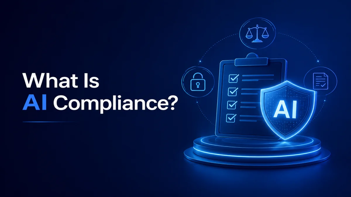 An educational cybersecurity infographic explaining AI compliance, showing a digital checklist, a protective shield with an AI label, and regulatory legal scales.