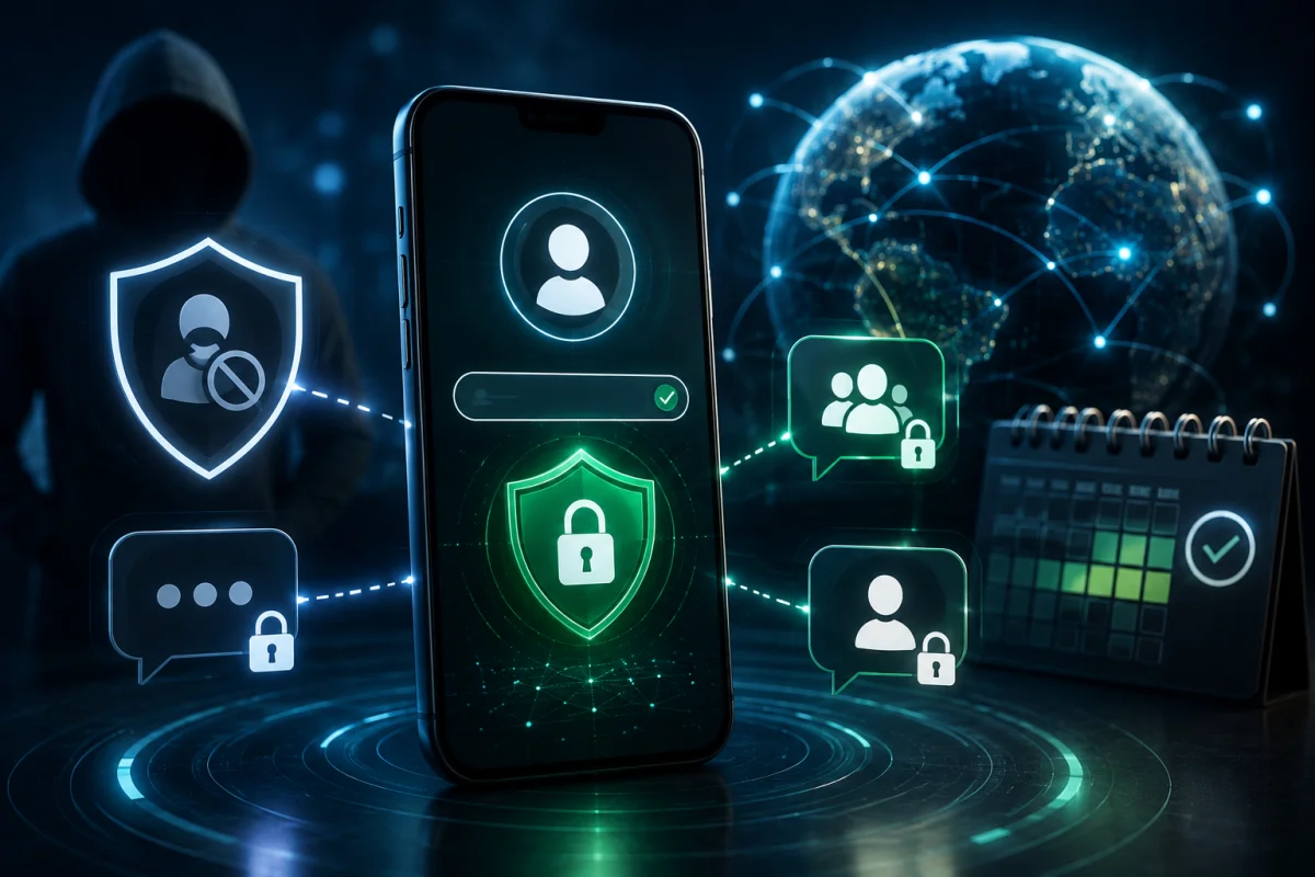 Ultra-realistic illustration of a smartphone featuring the WhatsApp Username privacy system with secure digital identity, encrypted messaging, protected user communication, and advanced privacy features in a modern digital environment.