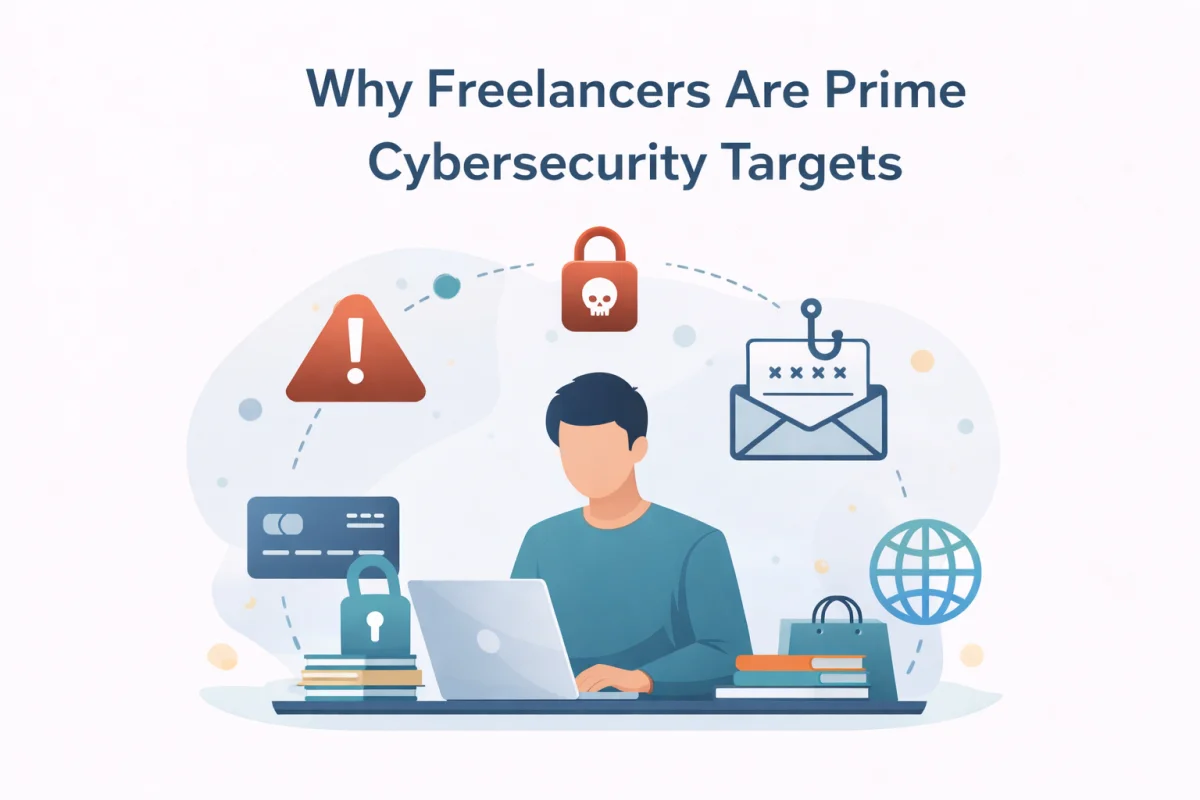 A vector infographic explaining threat risks and cybersecurity for freelancers, with text reading Why Freelancers Are Prime Cybersecurity Targets above a person working on a laptop.