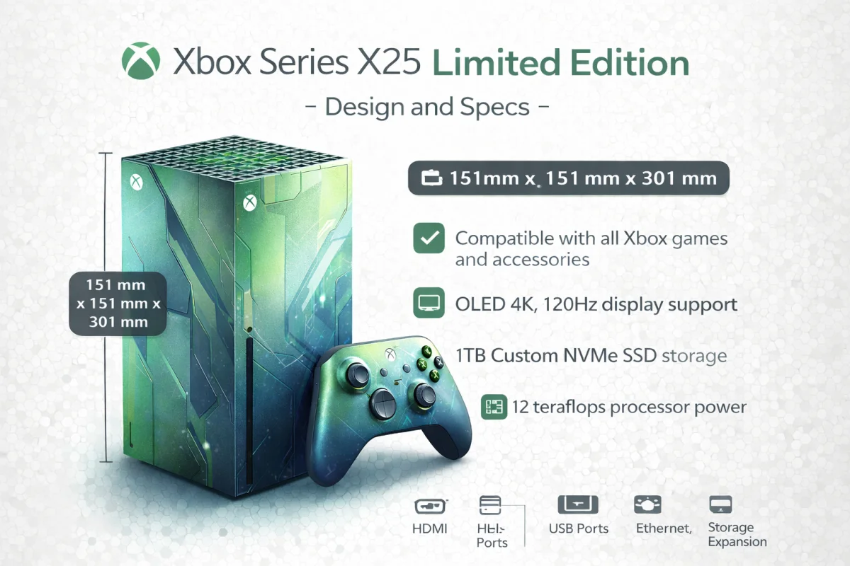 An infographic detailing the design and specs of the Xbox Series X25 Limited Edition, listing 12 teraflops power, 1TB NVMe SSD, OLED 4K 120Hz support, and dimensions.