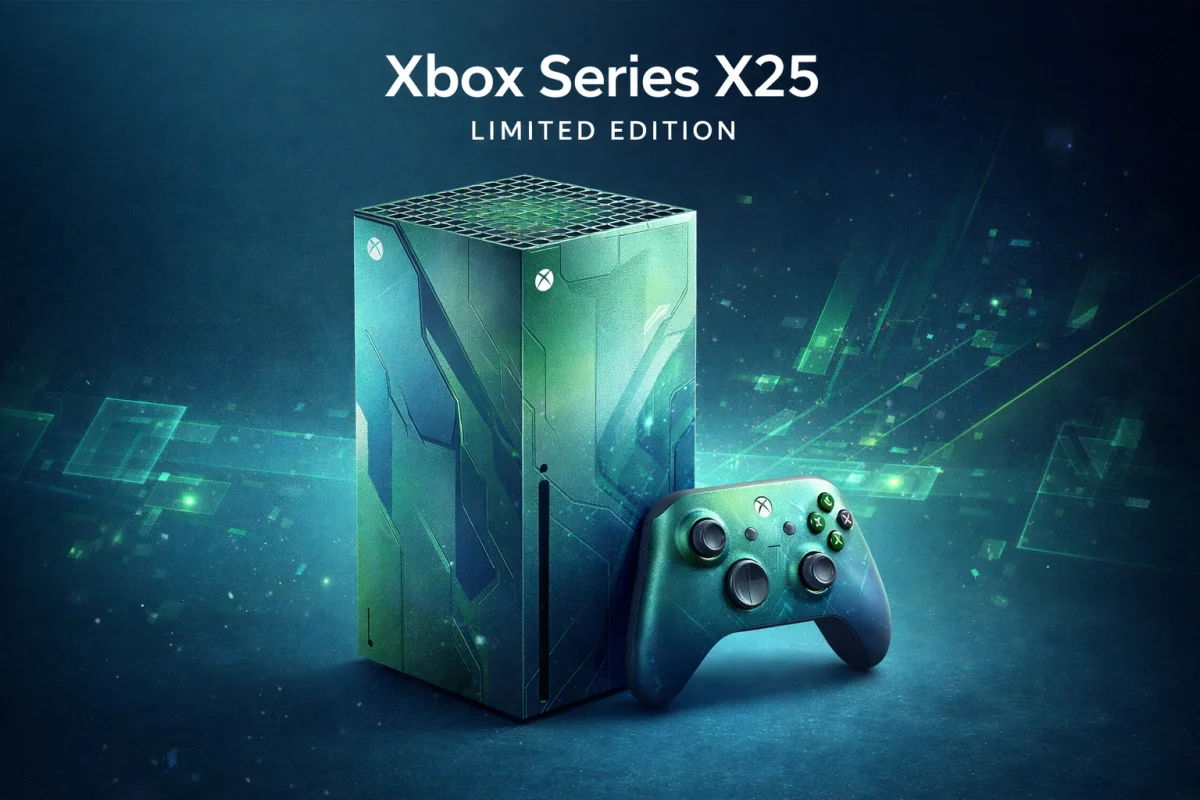 A promotional graphic for the Xbox Series X25 Limited Edition gaming console and wireless controller, featuring a metallic green and teal sci-fi geometric panel skin design.