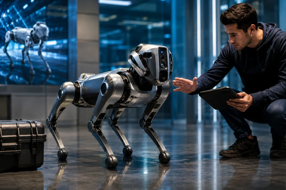 AI robot dog in a high-tech robotics lab demonstrating advanced artificial intelligence, smart navigation, and real-world robotics technology.