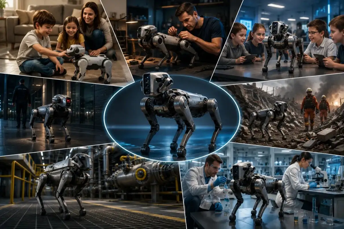 AI robot dog being used by children, adults, researchers, educators, industrial workers, and security professionals in practical real-world scenarios.