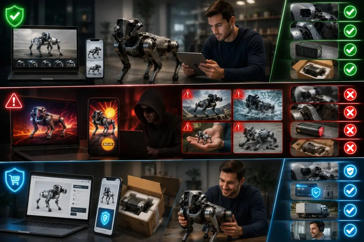 AI robot dog online buying comparison illustrating legitimate sellers, scam advertisement warning signs, secure checkout, verified products, and safe purchasing practices.