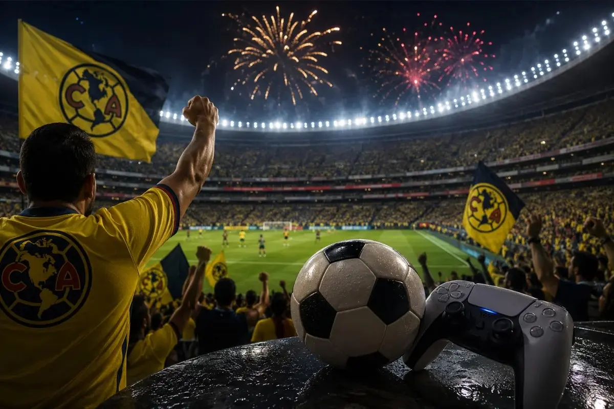 America FC return to EA Sports FC 27 with Liga MX licensing, football stadium, gaming controller, and match ball