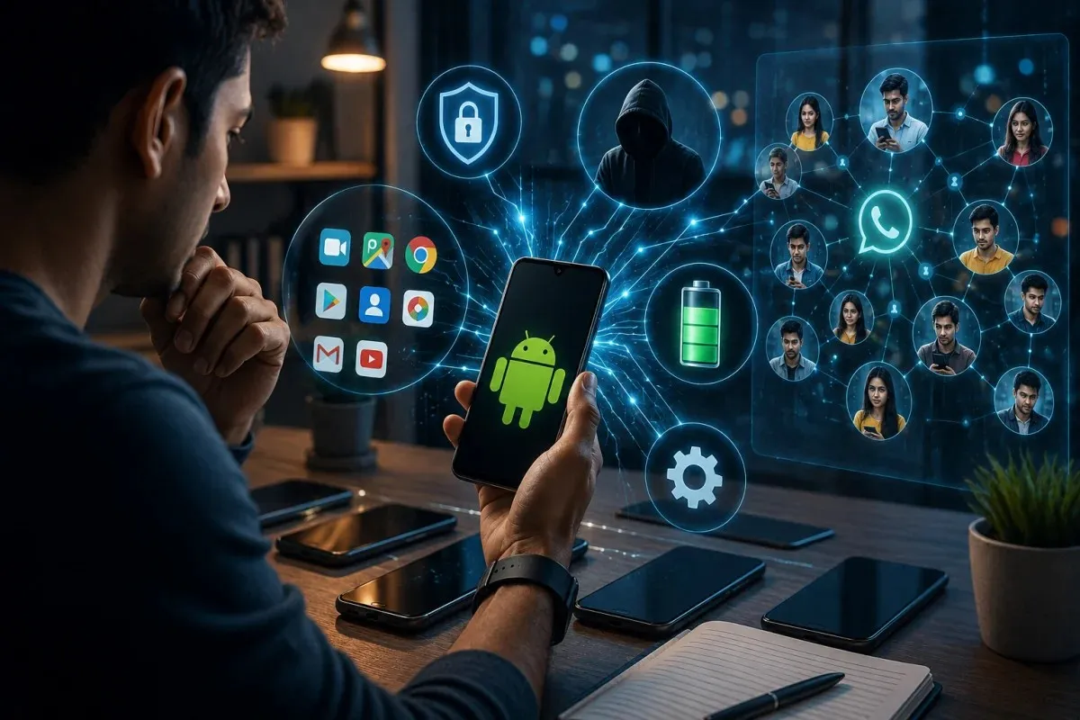 Android user managing privacy settings, battery optimization, app permissions, secure messaging, and smartphone security.