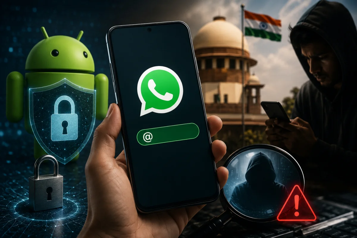 Android smartphone illustrating WhatsApp username privacy, India security concerns, fraud prevention, and android cybersecurity.