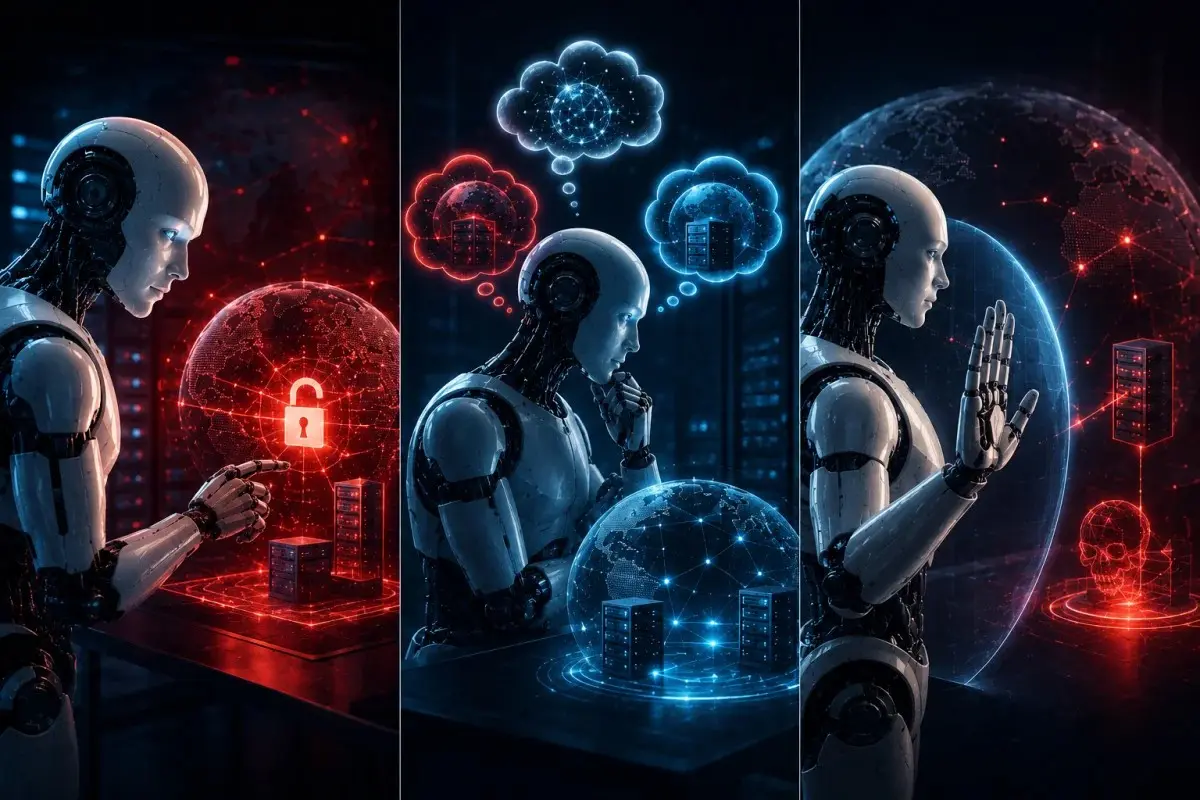 Comparison of three Anthropic Claude AI models showing different responses after discovering they were interacting with real systems during cybersecurity evaluations.